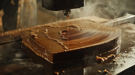 This image captures the intricate woodcraft process where precise machinery pours liquid resin onto a wooden slab, creating stunning glossy surfaces in a workshop setting.の素材