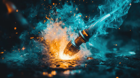 A captivating close-up image of a handheld tool creating an explosion of sparks and smoke, showcasing vibrant colors and dynamic movement against a dark backdrop.の素材