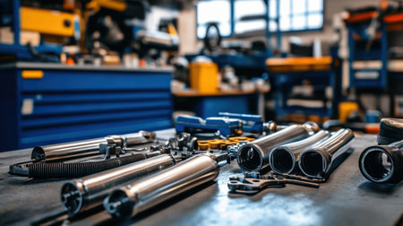 A collection of various tools and equipment on a workshop table, showcasing a modern space ideal for DIY maintenance projects and mechanical repairs.の素材