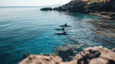 Three dolphins swim gracefully in a serene blue ocean, surrounded by rocky shores and vibrant natural beauty, capturing a moment of tranquility in the wild.の素材