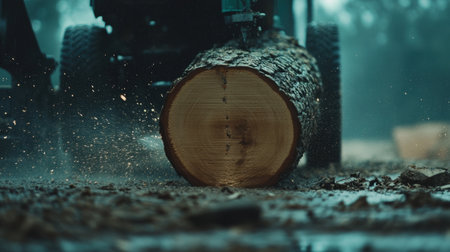 A detailed view of a freshly cut log rolling on the ground, surrounded by sawdust and glistening water droplets, set against a soft-focused forest backdrop.の素材