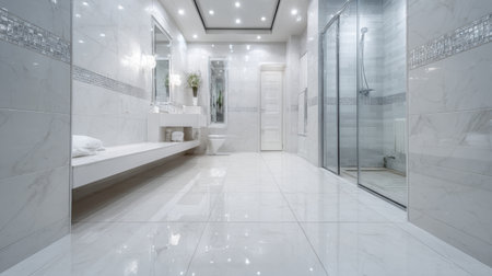 A spacious and modern luxury bathroom featuring elegant design elements, bright lighting, and a sleek shower area with contemporary fixtures. Ideal for relaxation.の素材