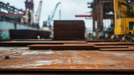 Rusty steel sheets are stacked in an industrial yard, showcasing the heavy manufacturing and construction environment filled with cranes and machinery in the background.の素材