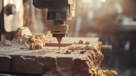 A woodworking tool is precisely cutting into a block of wood in a sunlit workshop, surrounded by wood shavings. Ideal for showcasing craftsmanship and artistry.の素材