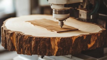 The image showcases a CNC machine meticulously carving a design on a round wooden slab, highlighting the beauty of natural wood and expert craftsmanship in action.の素材