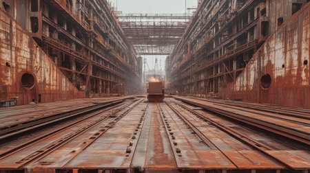 A moody view of an expansive industrial shipyard featuring rusty metal structures and wide empty spaces, capturing the essence of forgotten ship construction activities.の素材