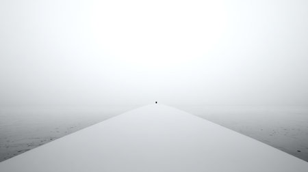 This minimalist photograph captures a serene landscape enveloped in fog, showcasing an infinite horizon and a peaceful water surface in a monochrome theme.の素材