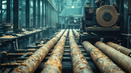 A captivating view of a lumber processing factory, highlighting wooden logs and machinery. The industrial atmosphere showcases the woodworking process within a dimly lit environment.の素材