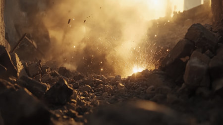 A powerful explosion creates a cloud of dust and debris in a desolate urban area, showcasing the raw power of destruction in a visually striking scene filled with chaos.の素材