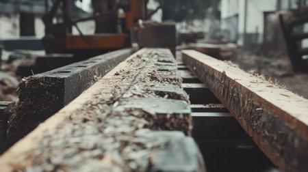 Focus on freshly cut wooden planks displaying fine textures, set against a rustic backdrop of a logging area, showcasing the equipment used in lumber processing.の素材