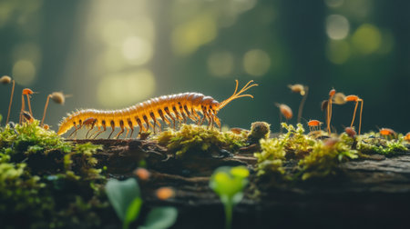 A stunning close-up of a centipede traversing a moss-covered log, accented by tiny mushrooms and bathed in gentle sunlight, showcasing nature's intricate beauty.の素材