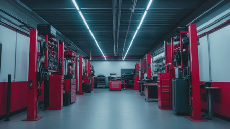 Explore a modern automotive workshop that showcases an organized setting with bright lighting, perfect for car repairs and maintenance. The space features tools and equipment for efficiency.の素材