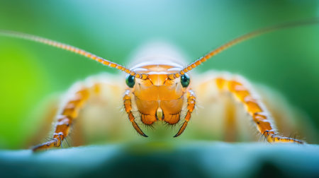 This stunning close-up image features a vibrant orange insect, highlighting its unique features against a blurred green backdrop. Perfect for nature enthusiasts.の素材