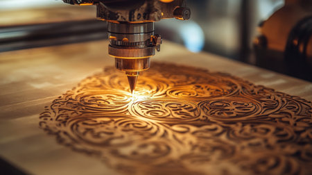 The image showcases a laser cutting machine intricately engraving a beautiful wood pattern, highlighting delicate designs under warm, inviting illumination.の素材