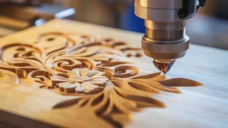 A detailed view of a CNC router meticulously carving intricate floral patterns into natural wood, showcasing the blend of art and technology in woodworking.の素材
