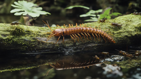 This close-up photograph showcases a brown centipede on a mossy log, reflecting the tranquility of nature with tiny insects nearby, highlighting ecosystem diversity.の素材