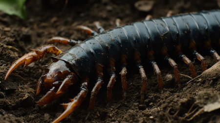 This image captures a large centipede in detail as it crawls across the soil, showcasing its segmented body and numerous legs in a rich natural environment.の素材