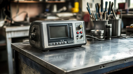 A vintage industrial equipment piece sits on a workbench surrounded by tools in a workshop, showcasing the blend of craftsmanship and functionality in a creative space.の素材