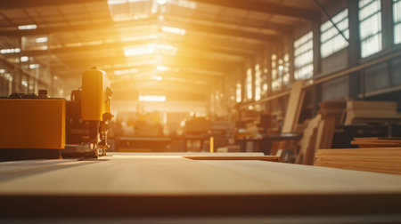 A serene woodworking workshop illuminated by soft sunlight showcases a close-up of a saw on the table, emphasizing craftsmanship and industry in a tranquil setting.の素材