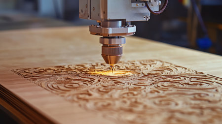 A laser engraving machine skillfully carves an intricate design into a wooden panel, showcasing the blend of technology and craftsmanship in a creative workshop environment.の素材