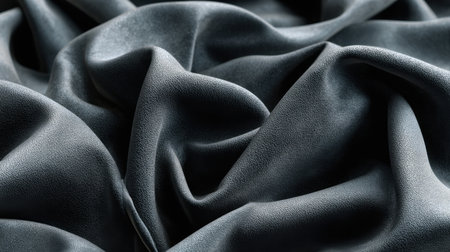 This image showcases a close-up of textured black fabric, featuring soft drapes and elegant waves that highlight its luxurious appeal and intricate details.の素材