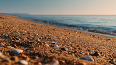 A serene beach scene captures soft waves lapping against a sandy shore, adorned with colorful shells, inviting tranquility and peaceful moments by the ocean under evening light.の素材