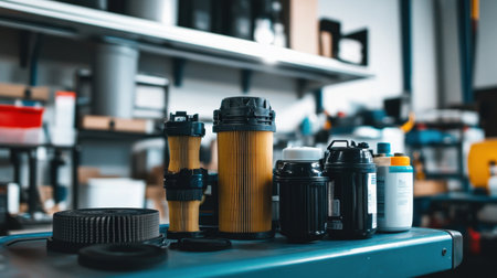 A collection of automotive parts displayed on a workbench in a mechanic workshop, showcasing a variety of filters and containers designed for maintenance and repair tasks.の素材