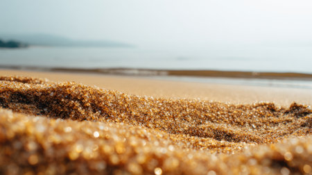 A captivating close-up view of shimmering golden sand on a tranquil beach, set against a soft focus ocean backdrop, inviting relaxation and natural beauty.の素材