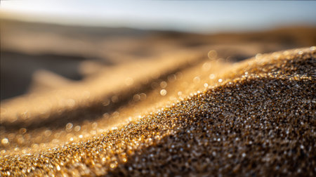 This close-up photograph captures the intricate texture of golden sand, highlighted with sparkling particles under soft natural light, offering a serene beach atmosphere.の素材