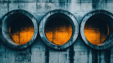 A striking industrial composition showcasing three circular concrete pipes with warm orange light emanating from their interiors against a textured wall, creating a captivating visual.の素材