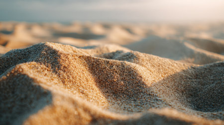 A mesmerizing close-up view of textured sand dunes illuminated by soft lighting, showcasing the intricate patterns and warm tones of a serene coastal environment.の素材