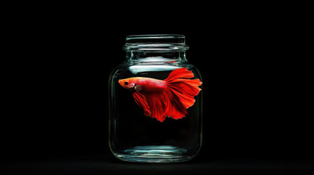 A solitary vibrant red fish glides gracefully within a clear glass jar, showcasing its bright colors and delicate fins against a stark black backdrop, evoking calm and beauty.の素材