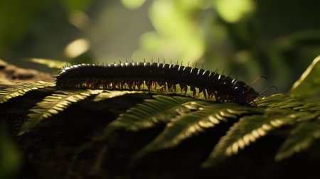 A stunning close-up image of a caterpillar perched on a lush fern leaf in a vibrant forest, showcasing the intricate details of nature illuminated by soft natural light.の素材