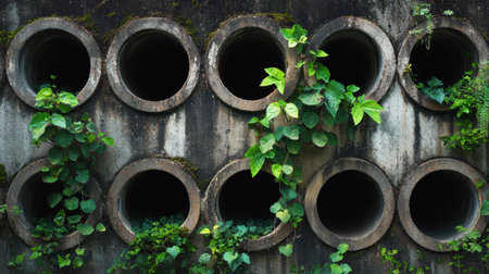 A stunning visual of a weathered concrete wall featuring circular drain pipes, beautifully intertwined with lush green vines and leaves, creating a captivating urban backdrop.の素材