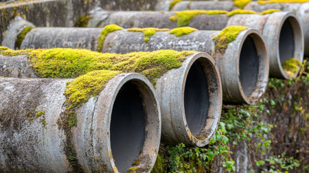 This image captures a row of weathered industrial pipes adorned with vibrant green moss, merging the elements of nature and industry in a striking visual.の素材