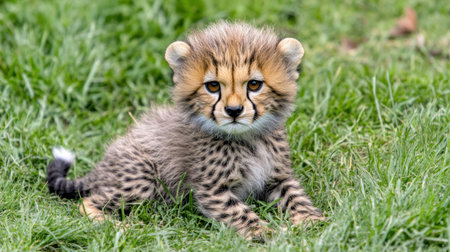 This charming young cheetah cub relaxes under the sun, showcasing its playful nature and distinctive spotted coat in a lush green habitat. A true wildlife gem.の素材