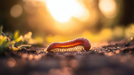 A detailed close-up of a vibrant red millipede crawling along a textured path, bathed in soft evening sunlight, showcasing the beauty of insects in their natural habitat.の素材