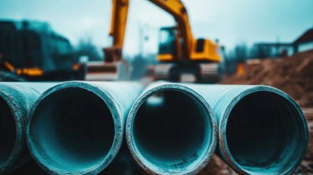 Construction site showcasing pipes ready for installation with an excavator actively digging nearby under a cloudy sky, emphasizing industrial work and machinery.の素材