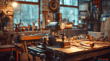 A beautifully arranged vintage woodworking workshop featuring an old machine with tools and wooden pieces, creating a warm and inviting atmosphere for artistic creation.の素材