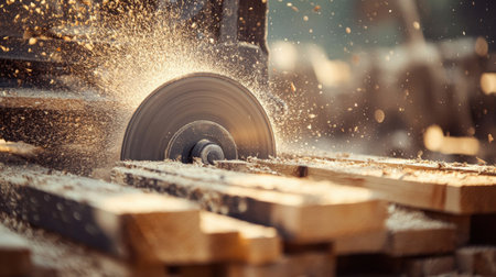 Dynamic close-up showing a circular saw cutting through wooden planks, with sparks flying, creating a dramatic display of woodworking action in a workshop.の素材