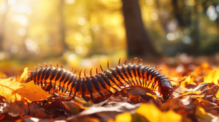 A centipede moves gracefully over a bed of colorful autumn leaves, showcasing the intricate textures of its body in a sunlit forest setting.の素材