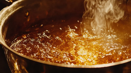 Close-up of golden liquid simmering in a pot, with steam rising, showcasing the cooking process and tantalizing aromas in a warm kitchen environment.の素材