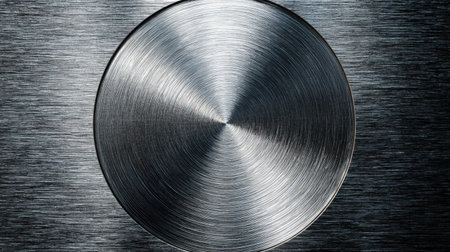 This close-up image features a polished metallic button against a brushed steel background, capturing intricate details, textures, and light reflections ideal for design projects.の素材