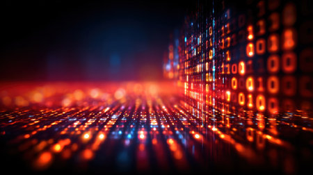 Dynamic digital backdrop showcasing glowing binary code and colorful light trails, ideal for technology concepts and data visualization themes in modern media.の素材