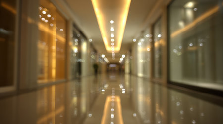 Sleek and elegant modern hallway showcasing beautiful lighting and reflections. Perfect for portraying a professional and inviting environment for various uses.の素材