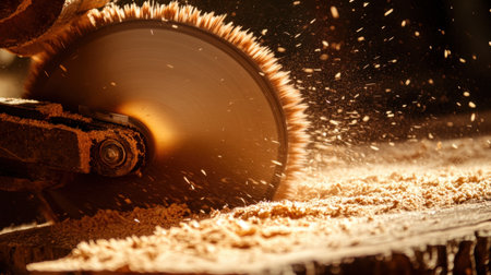 A dynamic close-up of a circular saw in action, showcasing the spinning blade and flying wood shavings. The image emphasizes the precision and artistry of woodworking tasks.の素材