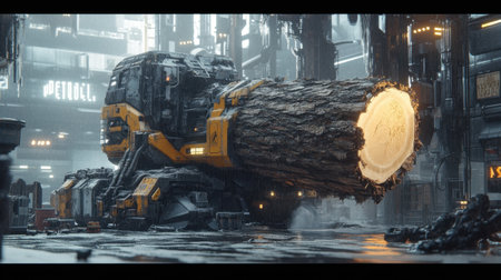 A robust industrial vehicle processes a giant tree trunk in a neon-lit urban setting, merging nature and technology in a striking futuristic landscape.の素材