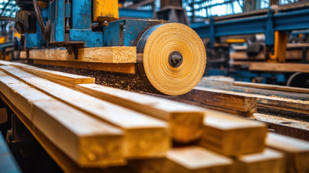 Dynamic and detailed view of woodworking machinery cutting timber inside a mill, showcasing the craftsmanship and industrial process in action.の素材