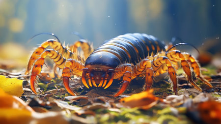 This striking image captures a colorful centipede on the forest floor, showcasing its vibrant colors and intricate details amidst a natural environment filled with leaves.の素材