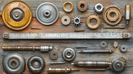 A captivating assortment of vintage mechanical parts and tools scattered on a rustic wooden surface. This image portrays the beauty of craftsmanship and engineering.の素材